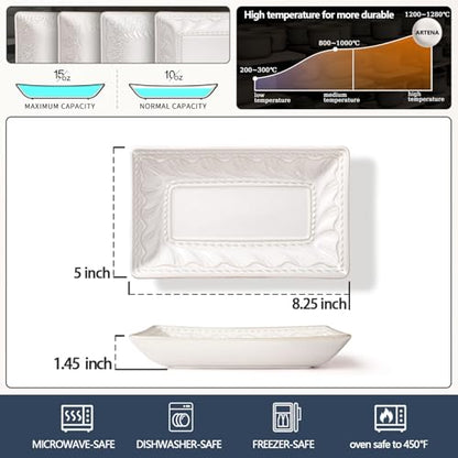 Appetizer Plates Set of 4, 8.25" Embossed Ceramic Rectangular Dessert Plates, Deep Lipped Edges, Microwave & Dishwasher Safe, Salad Sushi Snack Serving Plates (White, Willow Leaf) - color: White (Willow Leaf), size: 8.25 inch
