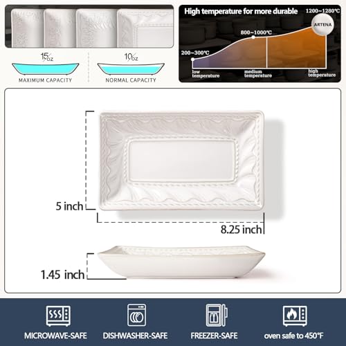 Appetizer Plates Set of 4, 8.25" Embossed Ceramic Rectangular Dessert Plates, Deep Lipped Edges, Microwave & Dishwasher Safe, Salad Sushi Snack Serving Plates (White, Willow Leaf) - color: White (Willow Leaf), size: 8.25 inch