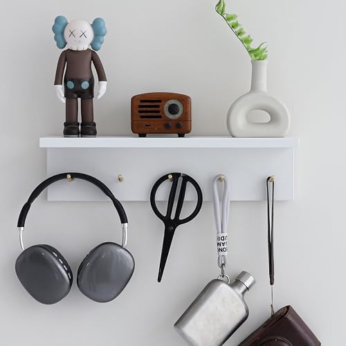 Wall Mounted Coat Rack with Shelf & Key Hooks, 5 Brass Hooks Entryway Organizer, Modern Floating Shelf for Bedroom Hallway, Space-Saving Home Storage Rack (1, White) - color: White