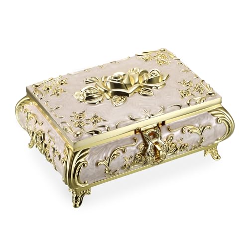 Hipiwe Vintage Jewelry Storage Boxes Rectangular Metal Keepsake Box, Large | Trinket Organizer for Earrings Rings Holder, Treasure Chest Keepsake Box Gift for Women, with Engraved Rose Pattern - color: Gold, size: Large