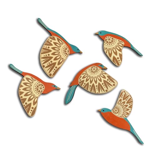 Vumyhuby 5-Piece Teal Wooden Bird Wall Art, Rustic Folk Flying Bird Decor - color: Teal