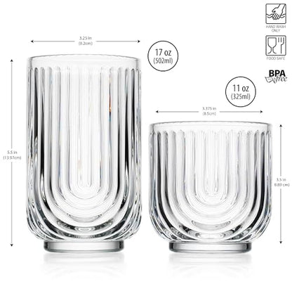 Glaver's 8-Piece Drinking Glass Set, Art Deco Ribbed Arch Glassware, Clear U-Shape Design, 17oz Highball and 11oz DOF Glasses Kitchen Glasses - style: Clear S/8 17oz 11oz