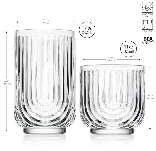 Glaver's 8-Piece Drinking Glass Set, Art Deco Ribbed Arch Glassware, Clear U-Shape Design, 17oz Highball and 11oz DOF Glasses Kitchen Glasses - style: Clear S/8 17oz 11oz