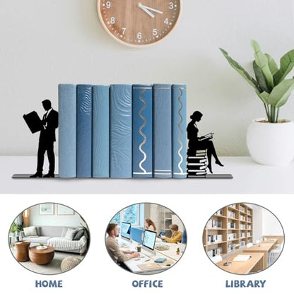 Metal Bookends Lovers Reading Book Ends for Shelves | Couple Bookends Decorative Unique Desk Bookend Black Book Stopper for Home Reading Bookshelf Decor Book Lovers Gift - style: Lovers Reading