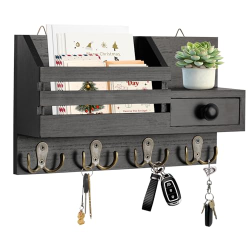 Key Holder Wall Mount, Wooden Key and Mail Organizer, Black | 2 Mount Options, Includes 8 Hooks, Fence Mail Slot, Small Drawer and Shelf, for Entryway, Hallway, Doorway, Living Room, RV - color: Black