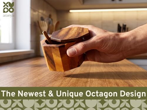 ARANYA Wooden Pepper and Salt Cellar with Lid and Spoon Set Keeper Two Compartments Spice Seasoning Wood 7oz. Container for Countertop Kitchen Storage Sea Salt Box Holder with Anti-Slip Feet Slip
