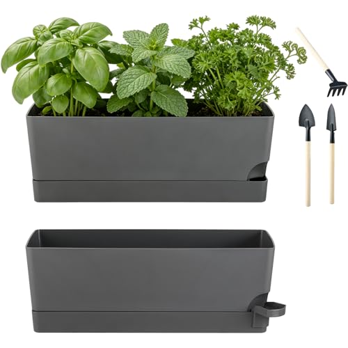 2 Pack Rectangle Self Watering Pots for Indoor Plants 17 Inches Window Boxes Planters Rectangular Flower Pots Herb Large Plant Pots with Drainage Holes and Saucers Windowsill Planter, Grey - color: Gray