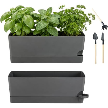2 Pack Rectangle Self Watering Pots for Indoor Plants 17 Inches Window Boxes Planters Rectangular Flower Pots Herb Large Plant Pots with Drainage Holes and Saucers Windowsill Planter, Grey - color: Gray
