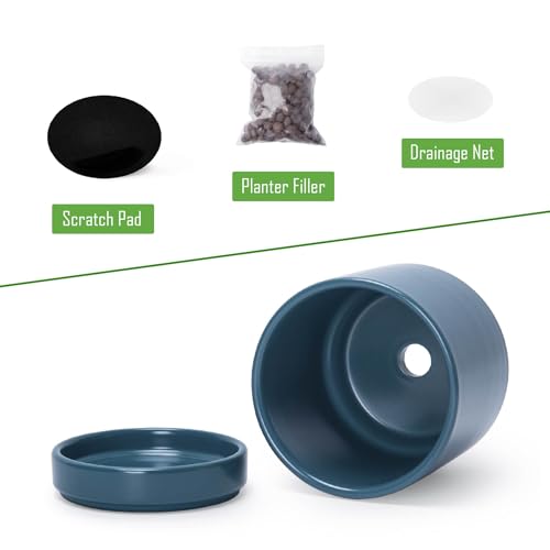 D'vine Dev 4-Pack Ceramic Pots with Saucers, Teal, 4.7 in, 94-X-B-9 | Glazed Ceramic, Drainage Hole and Saucer, Sleek Cylinder Shape, High Temperature Fired, Ideal for Small Houseplants - color: Teal, size: 4.7 Inch