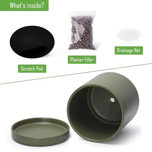 D'vine Dev 10 Inch Ceramic Planter Pot, Olive, 94-O-E-J | Modern Cylinder Design, Drainage Hole & Saucer Included, Stable Structure, Elegant Home Accent - color: Olive, size: Large