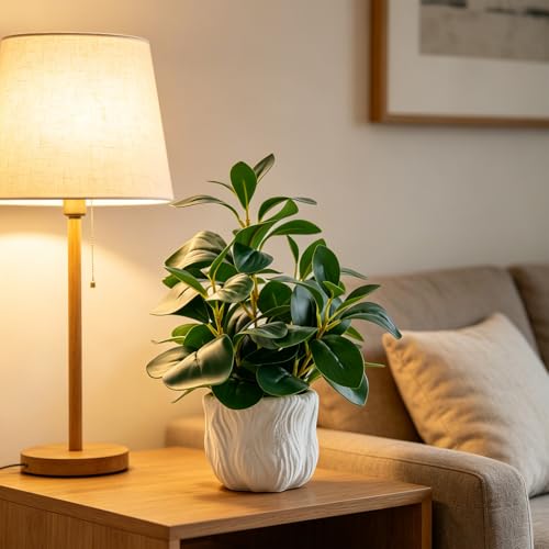 14" Artificial Potted Plant with Thick Leaves in White Textured Pot | Realistic Thick Leaves , Compact Desk & Shelf Plant , White Textured Decorative Pot , Modern Home & Office Decor