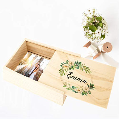 Koyal Wholesale Custom Floral Greenery Wreath Wedding Keepsake Box, 4 x 6 -inch, Custom Name, Natural Wood - color: Floral Greenery Wreath