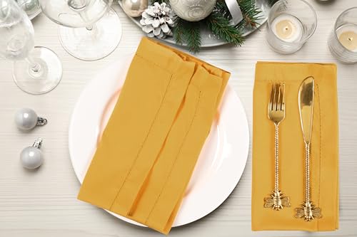 Ramanta Home Set of 12 Cloth Napkins 20x20 Inches, Mustard | Polyester Napkins with Hemmed Edges, Washable Reusable Dinner Napkins Ideal for Parties, Weddings,Hotels and Banquets - color: Mustard, size: 20" x 20" (Set of 12)
