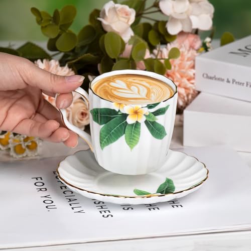 KAMMAK Tea Cups and Saucers Set of 2, Porcelain Coffee Cups, JBE012 | Stackable Espresso Mugs, Ceramic Demitasse for Coffee, Cappuccino, Latte, Americano, Tea - size: 8CZJBE012