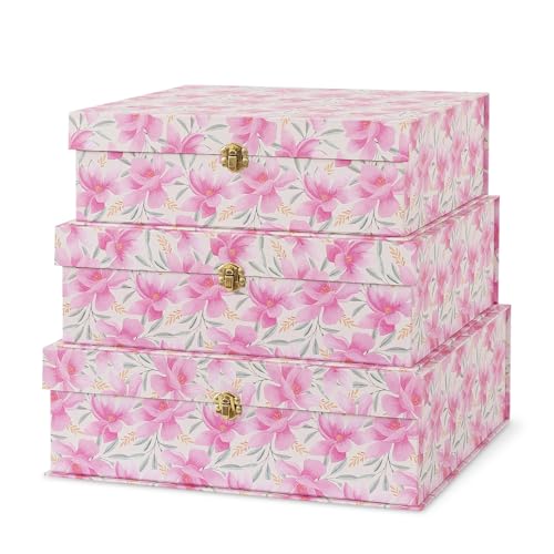 Soul & Lane - Pink Floral Boxes with Gold Hardware, Set of 3, Garden Blush | Stacking Keepsake Boxes with Lids for Home Decor and Organizing, Large Elegant Cardboard Gift and Memory Storage - color: Garden Blush