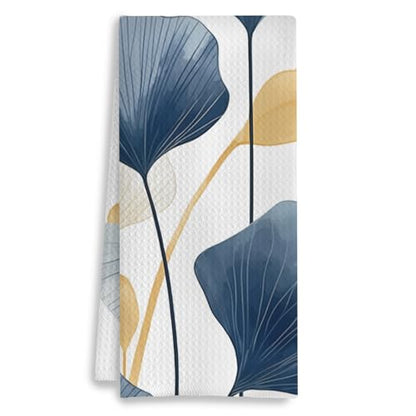 Boho Botanical Kitchen & Bath Towels - Navy & Golden Ginkgo Leaves, Mid Century Modern Decor, 16x24 Inch - color: 2- Abstract Towels