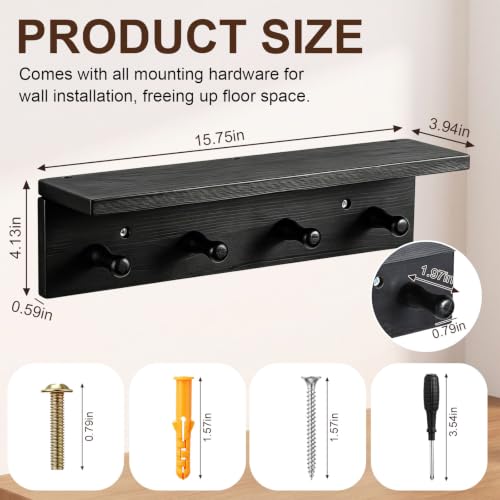 1 Pack Walnut Wood Entryway Coat Rack with Shelf & 4 Hooks