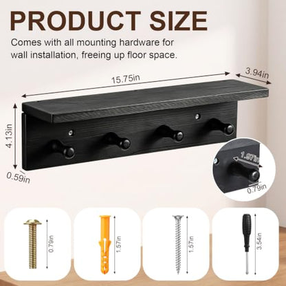 1 Pack Walnut Wood Entryway Coat Rack with Shelf & 4 Hooks