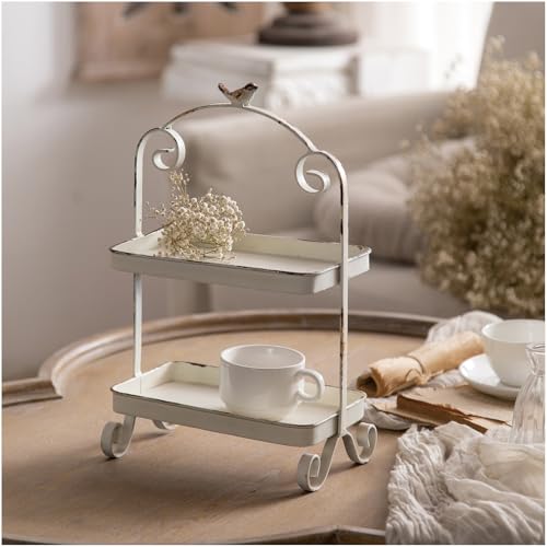 Decorative French Retro Distress Tray for Living Room and Hotel Tray Metal Iron White Trays for Home Decor 2-Tier Serving Tray Decor for Coffee Table