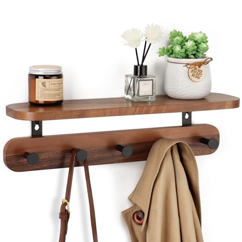 Coat Rack Wall Mount with Shelf, 17" Walnut Wood Wall Shelf with Hooks, Entryway Floating Shelves with 5 Metal Hangers for Coats, Backpacks, Living Room, Bedroom, Bathroom