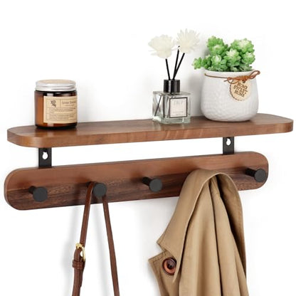 Coat Rack Wall Mount with Shelf, 17" Walnut Wood Wall Shelf with Hooks, Entryway Floating Shelves with 5 Metal Hangers for Coats, Backpacks, Living Room, Bedroom, Bathroom