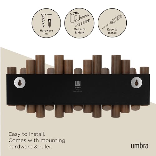 Umbra Picket Coat Rack, Wall Mount 5 Flip-Down Coat Hooks, Walnut | Beveled pine wood dowels, supports up to 5 lbs, mounting hardware included, space saving - color: Walnut, size: 5-Hook