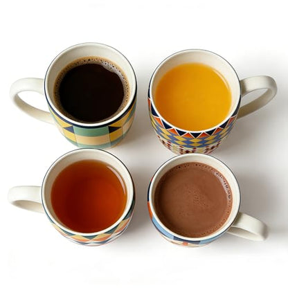 Bohemian Ceramic Coffee Mugs Set of 4, 15oz/450ml Geometric Pattern Tea Cups, Large Porcelain Mugs for Latte Cappuccino, Colorful Boho Drinkware Gift Set