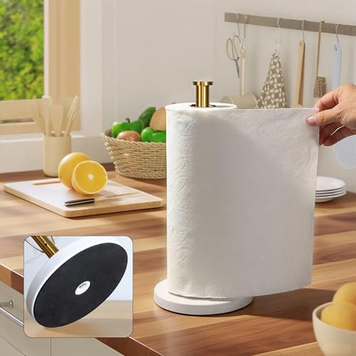 YIGII Marble Base Paper Towel Holder Countertop, Standing Paper Towel Holder with 15-Minute Magnetic Sand Timer, Papertowel Rack for Standard or Jumbo-Sized Roll Paper - style: Gold & White Marble