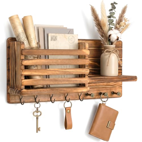 Rebee Vision Key Holder Wall Mount with Mail Slot for Entryway, Retro Brown | Pine Wood, Key Holder for Wall, 8 Hooks for Dog Leashes, Floating Shelf, Mail Sorter, New Home Essentials, Entryway Storage - color: Retro Brown