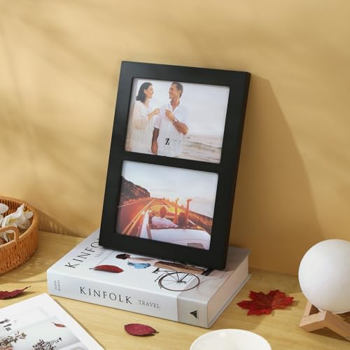 5x7 2-Opening Collage Frame Black Wood | Two 5x7 openings, shatter-resistant glass, tabletop & wall mount - size: 5x7 - 2 Opening