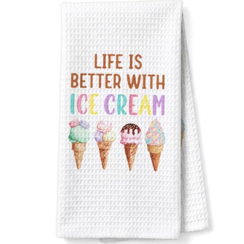 Ice Creams Lovers Gifts Decorative Towels for Women Hostess, Life is Better with Ice Cream Waffle Weave Kitchen Towels for Summer - color: Ice Creams