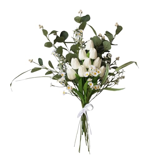 22 Stems White Faux Tulip Bouquet with Eucalyptus | Real touch petals, bendable stems, mixed daisies, farmhouse centerpiece, wedding and Mother's Day decor, no vase - color: Pure White