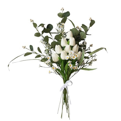 22 Stems White Faux Tulip Bouquet with Eucalyptus | Real touch petals, bendable stems, mixed daisies, farmhouse centerpiece, wedding and Mother's Day decor, no vase - color: Pure White
