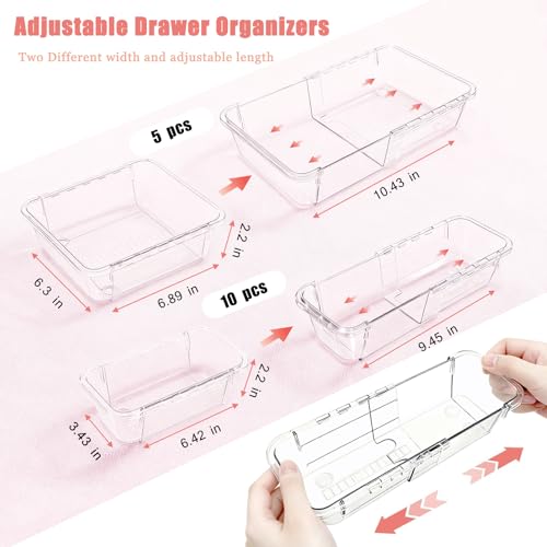 15 Pcs Extendable Drawer Organizer Tray, Adjustable Drawer Storage Bin | 2-size Clear Acrylic Bathroom & Vanity Drawer Organizers for Makeup Cosmetic Kitchen Utensils, Dresser Desk Drawer Storage
