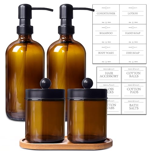 Glass Bathroom Accessory 5 Pcs | 2 Pcs 16oz Amber Soap Dispensers with Stainless Steel Pumps, 2 Pcs Qtip Holder Dispensers with Labels & Bamboo Tray