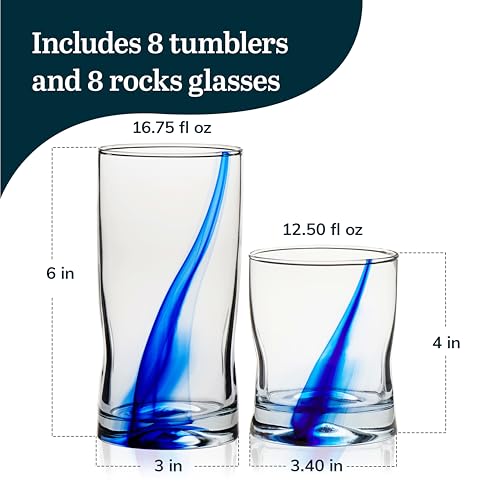 Blue Ribbon Tumbler & Rocks Drinking Glasses Set of 16, Dimpled Cups | 16.75 oz and 12.5 oz Capacities for Water, Juice, Cocktails, and More with Blue Ribbon Design and Dishwasher-Safe Cleanup - color: 02 - Blue Ribbon