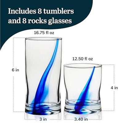Blue Ribbon Tumbler & Rocks Drinking Glasses Set of 16, Dimpled Cups | 16.75 oz and 12.5 oz Capacities for Water, Juice, Cocktails, and More with Blue Ribbon Design and Dishwasher-Safe Cleanup - color: 02 - Blue Ribbon