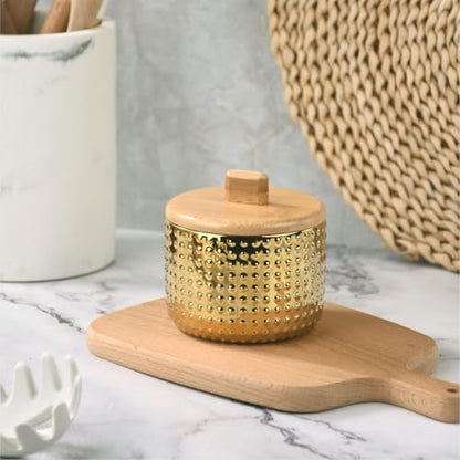 Salt Cellar Keeper with Bamboo Lid, 14oz Big Capacity Ceramic Sugar Bowls Pepper Box, Golden Water Dot Seasoning Container Condiment Pot for Kitchen (Gold Color) - color: Gold