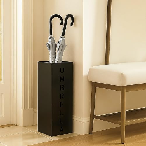 Hiceeden Square Metal Umbrella Holder, Free Standing Umbrella Rack Stand for Indoor Entryway, Umbrella Canes Walking Sticks Storage Bin for Office, Home, Hotel, Shop, 6.3" x 6.3" x 16.5", Black