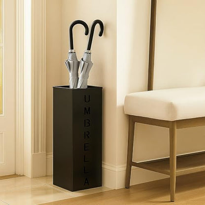 Hiceeden Square Metal Umbrella Holder, Free Standing Umbrella Rack Stand for Indoor Entryway, Umbrella Canes Walking Sticks Storage Bin for Office, Home, Hotel, Shop, 6.3" x 6.3" x 16.5", Black