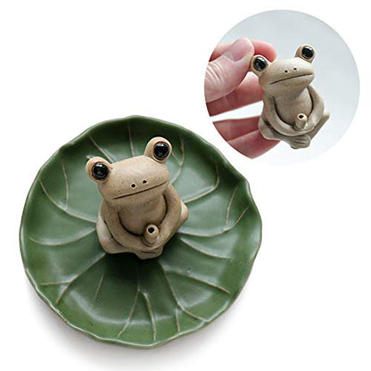 NAGU 100% Handmade Ceramic Stick Incense Burner Holder,Small Frog Incense,Lotus Leaf Tray,Mini Cute Animal Statue Home Incense Burner