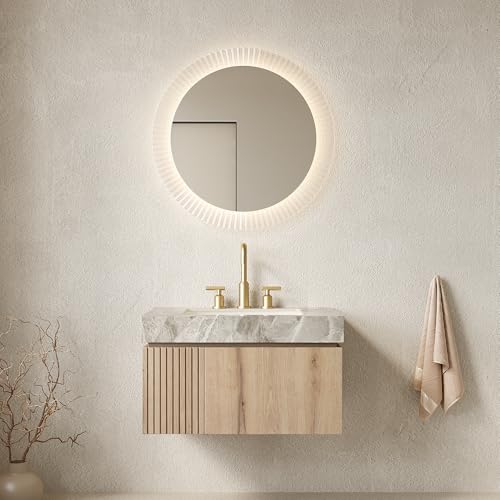 30" Floating Bathroom Vanity with Sink, MURI Wall Mounted Plywood Cabinet, Sintered Stone Countertop, Ceramic Basin with 3 Faucet Hole, Drawer & Door Storage, Pre-Assembled, Light Gray Top White Oak - color: White Oak,light Gray Top, size: 30"+Light Gray