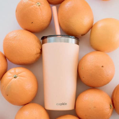 CUPKIN Toddler Tumblers, The Original 12 oz Stackable Stainless Steel Cups, Set of 2 Powder Coated Insulated Kids Water Bottle Alternative & BPA Free Lids + Reusable Silicone Straws (Peach + Teal) - color: Peach + Teal, size: 12 Fl Oz (Pack of 2)