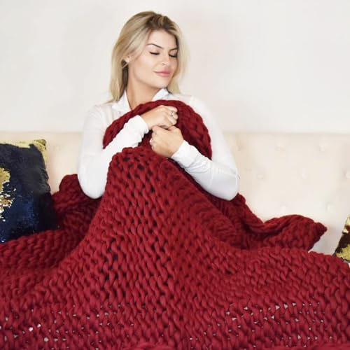 Chunky Knit Blanket (50 x 60 Inches) Warm Soft Cozy for Lounge Sofa & Bedroom, Handmade Knitted Yarn Throw Blanket (Red Wine, 1) - color: Red Wine
