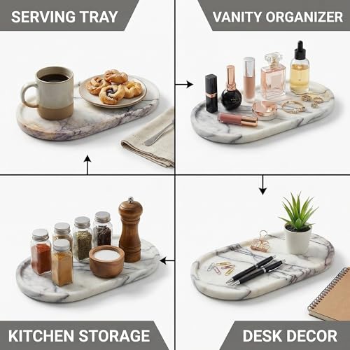 Natural Marble Vanity Tray for Bathroom Counter, Stone Catchall Tray for Perfume, Soap, Jewelry and Skincare, Bathroom Countertop Organizer for Vanity, Dresser or Kitchen Sink, 11.8 x 6.3 Inch