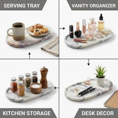 Natural Marble Vanity Tray for Bathroom Counter, Stone Catchall Tray for Perfume, Soap, Jewelry and Skincare, Bathroom Countertop Organizer for Vanity, Dresser or Kitchen Sink, 11.8 x 6.3 Inch