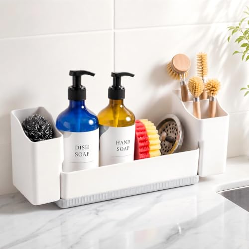 Sponge Holder for Kitchen Sink with Drying Stone, White | Kitchen Caddy Sink Organizer, 2 Removable Cups, Premium ABS, Anti-Slip, 12.7" Sponge and Soap Holder for Kitchen Counter - color: White