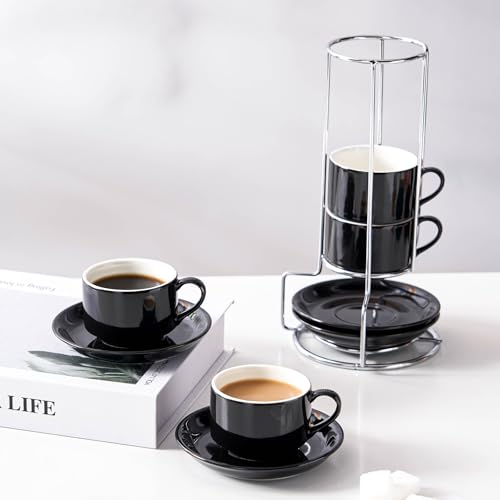 2.5oz Espresso Cups Set of 4, Small Stackable Coffee Cups with Saucers and Metal Stand, Ceramic Demitasse Cups, Cappuccino Cups for Coffee Drinks, Latte, Black - color: Black, size: 2.5oz