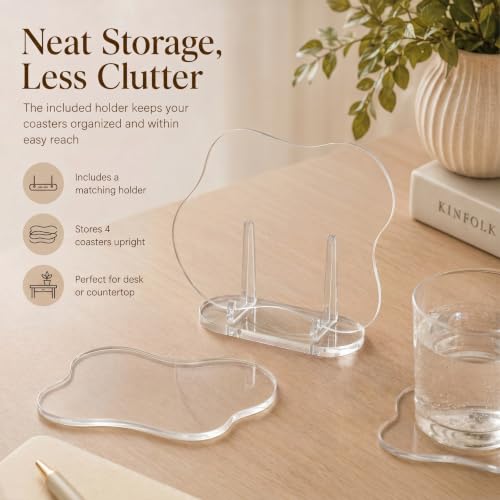 Cinnvoice 4 Pcs Acrylic Coasters Decorative Plates Clear Cloud Shape Coffee Cup Coaster with 1 Pcs Holder Decorative Plates Clear Coaster for Home Office Desk, Accessory for Desktop Protection