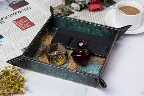 Valet Tray Desktop Storage Organizer, Vegan Leather Catchall Bedside Vanity Tray Nightstand Caddy Holder for Remote Controller, Watch, Keys, Phone, Wallet, Sunglasses, Jewelry - Map - color: Map Design